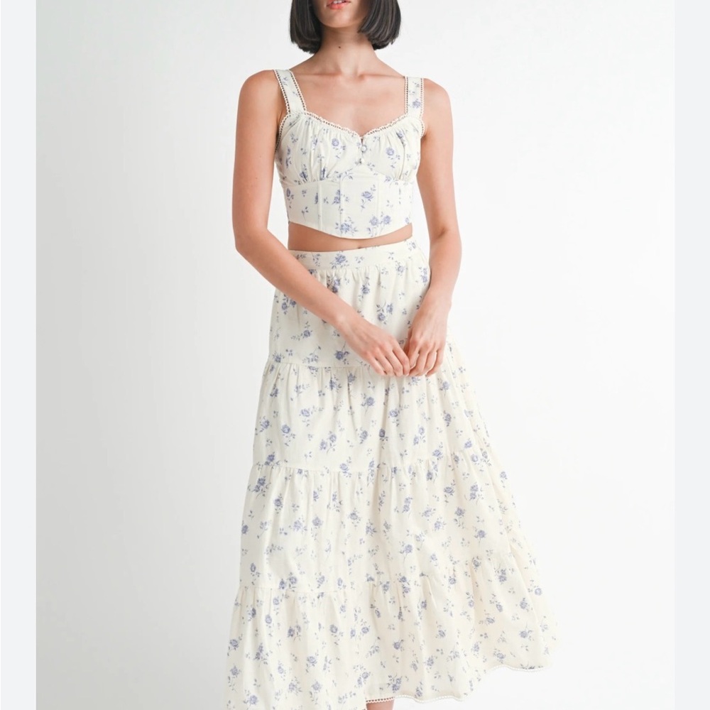 VICI Floral Cream Maxi Skirt and corset top set